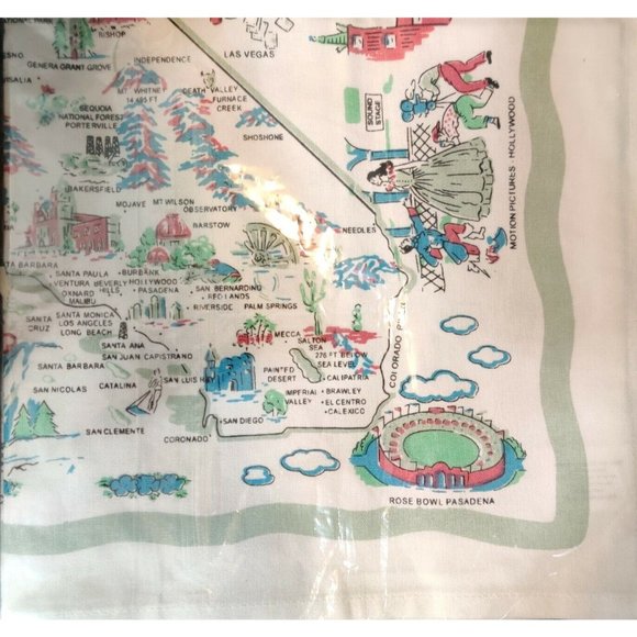 Vintage Moda Home Linens California Map Napkin Retro 100% cotton 20" New w/ Tag - Picture 3 of 8